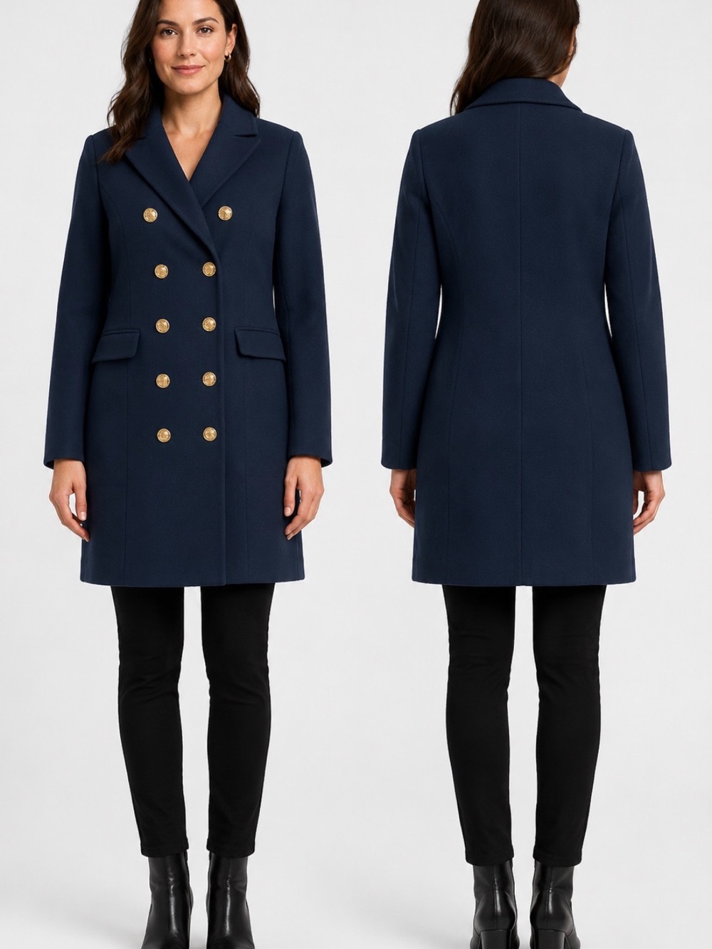 Navy Double-Breasted Pea Coat with Gold Buttons